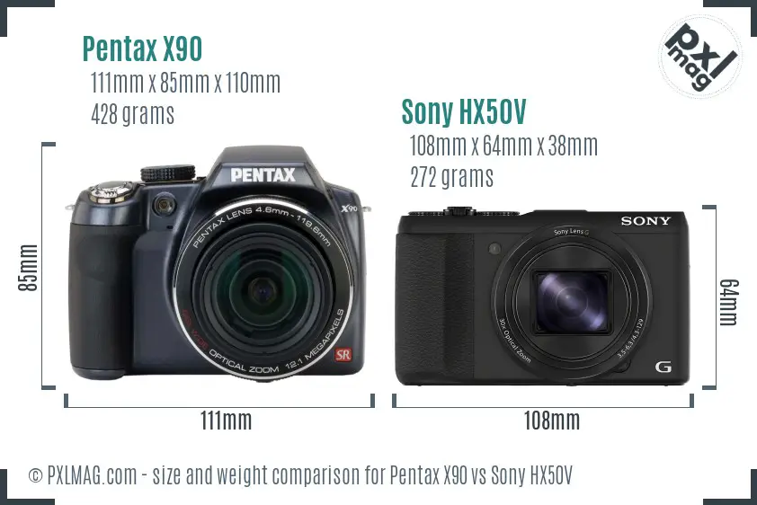 Pentax X90 vs Sony HX50V size comparison