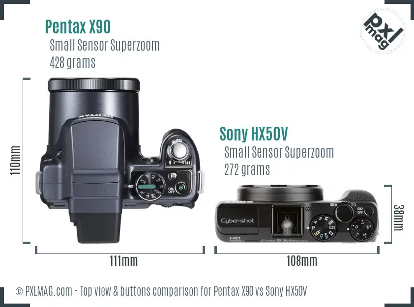 Pentax X90 vs Sony HX50V top view buttons comparison