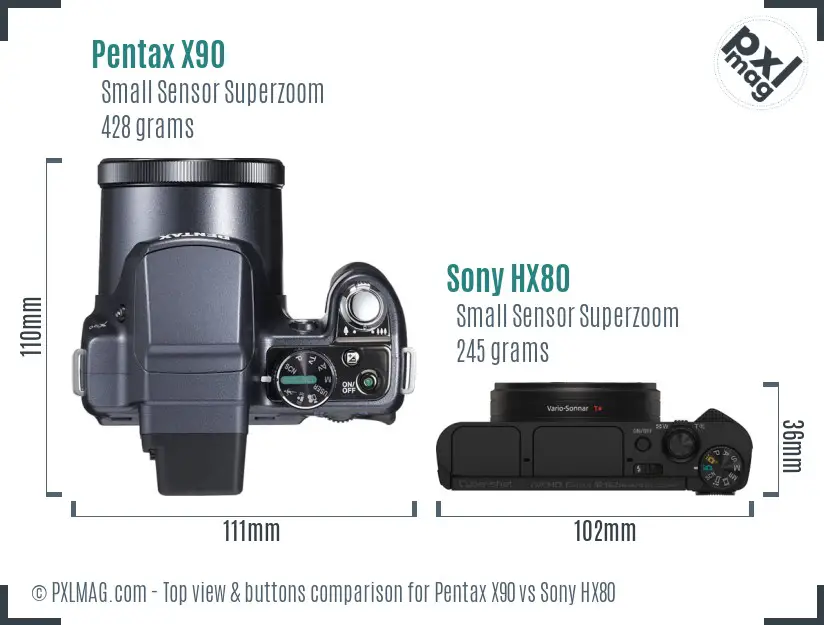 Pentax X90 vs Sony HX80 top view buttons comparison