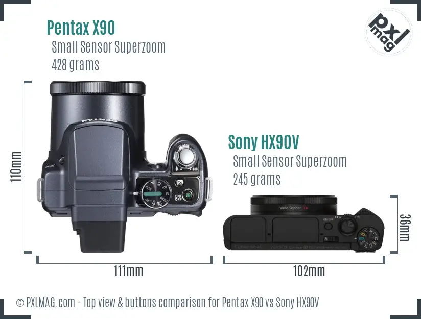 Pentax X90 vs Sony HX90V top view buttons comparison