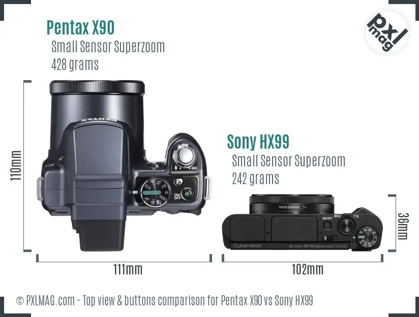 Pentax X90 vs Sony HX99 top view buttons comparison