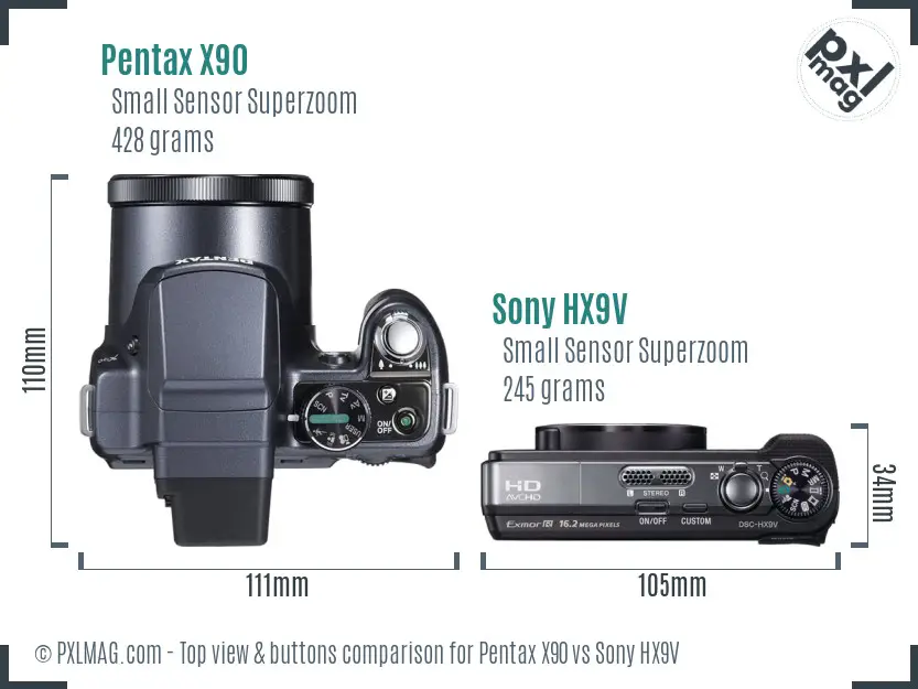 Pentax X90 vs Sony HX9V top view buttons comparison Pentax X90 vs Sony HX9V top view buttons comparison