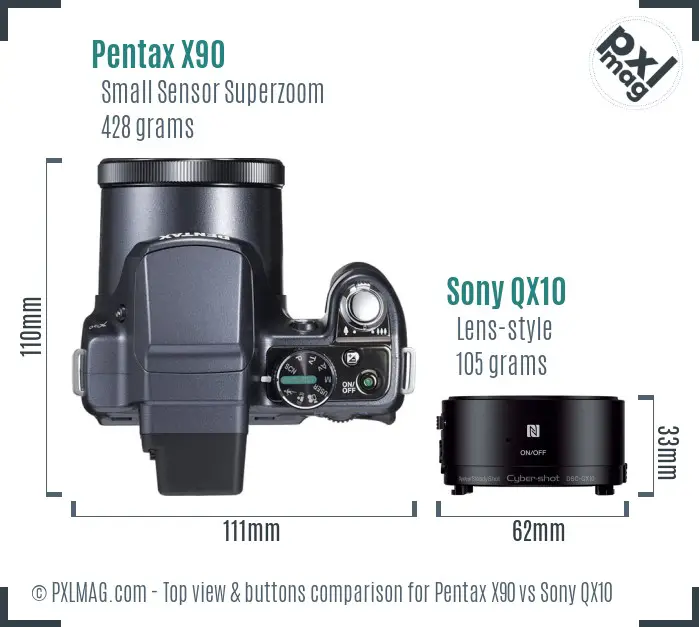 Pentax X90 vs Sony QX10 top view buttons comparison