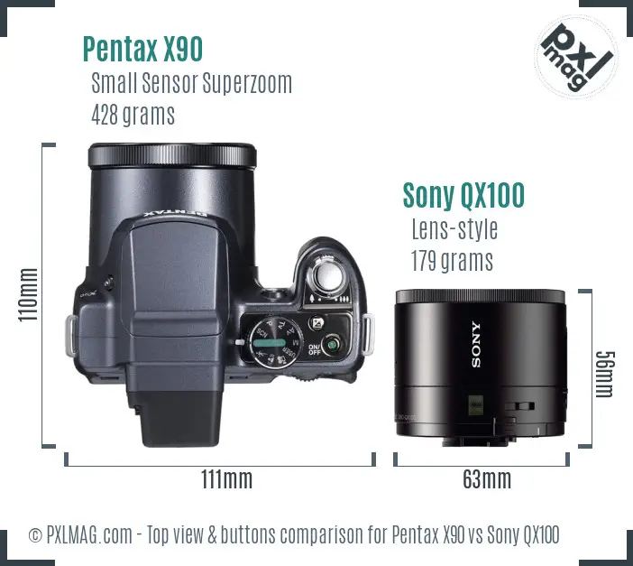 Pentax X90 vs Sony QX100 top view buttons comparison