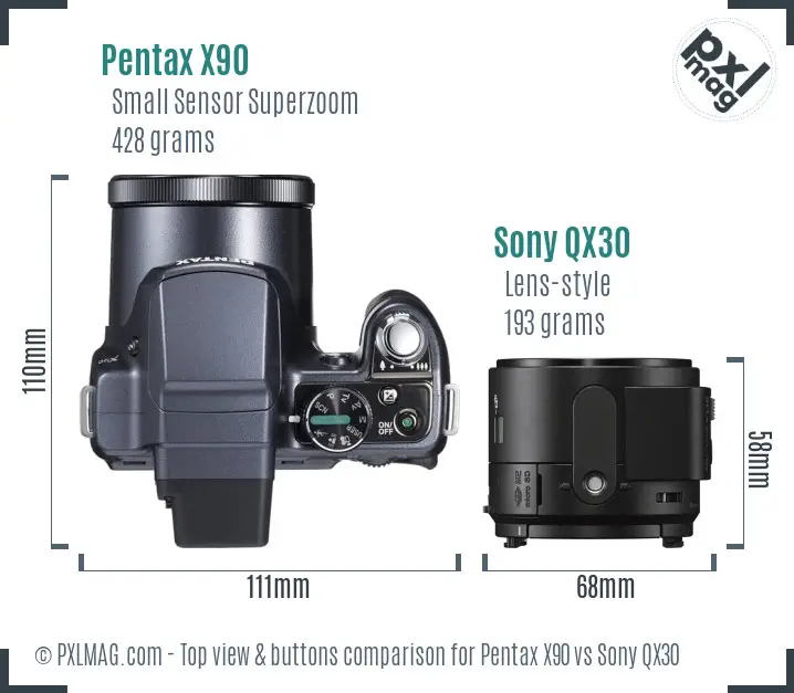 Pentax X90 vs Sony QX30 top view buttons comparison