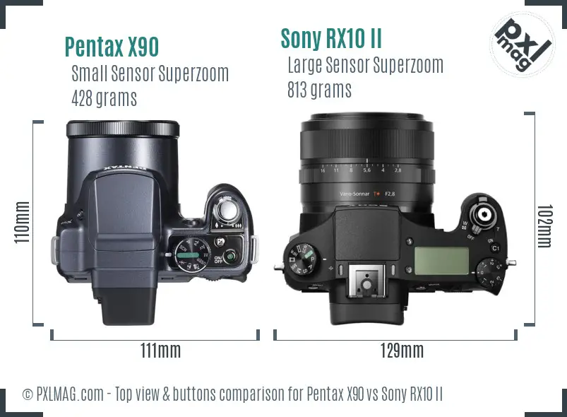 Pentax X90 vs Sony RX10 II top view buttons comparison