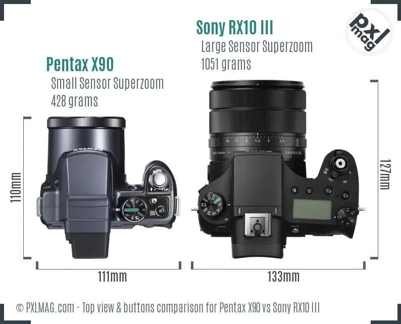 Pentax X90 vs Sony RX10 III top view buttons comparison