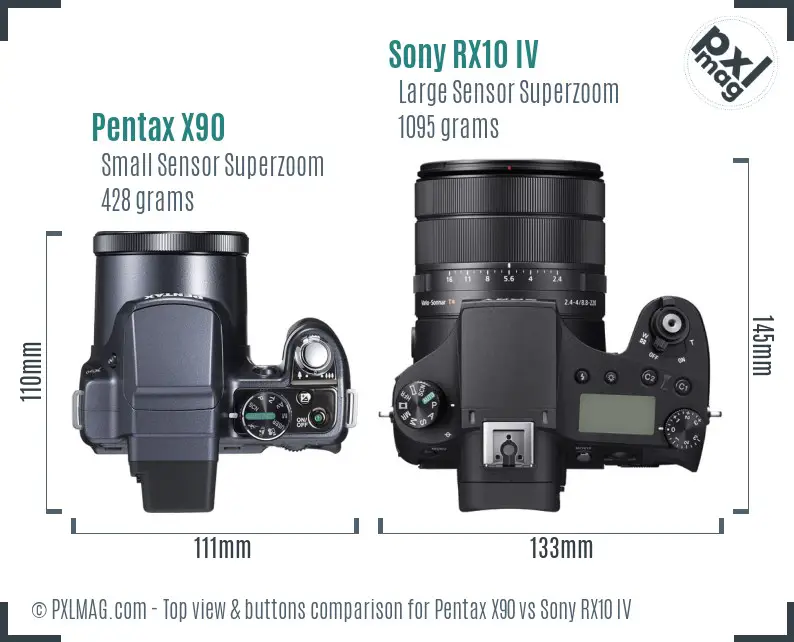 Pentax X90 vs Sony RX10 IV top view buttons comparison