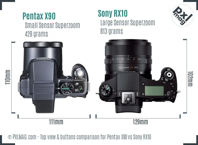 Pentax X90 vs Sony RX10 top view buttons comparison