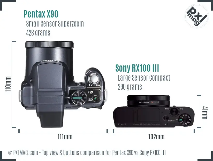 Pentax X90 vs Sony RX100 III top view buttons comparison