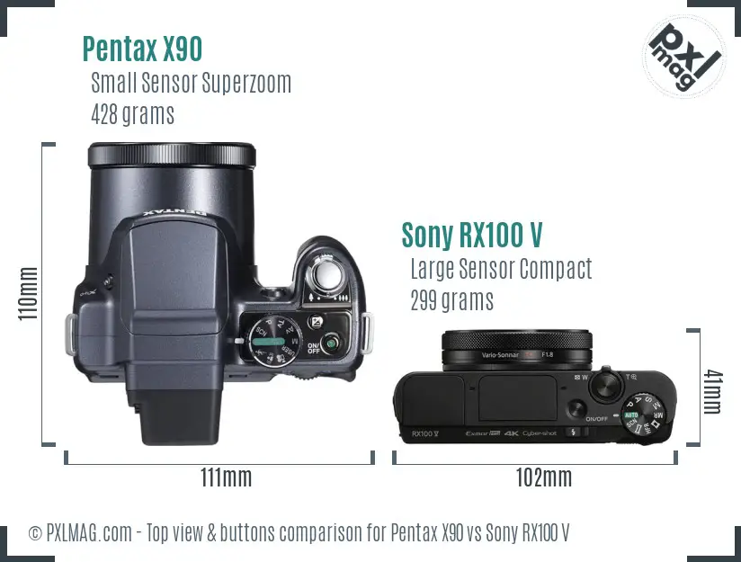 Pentax X90 vs Sony RX100 V top view buttons comparison