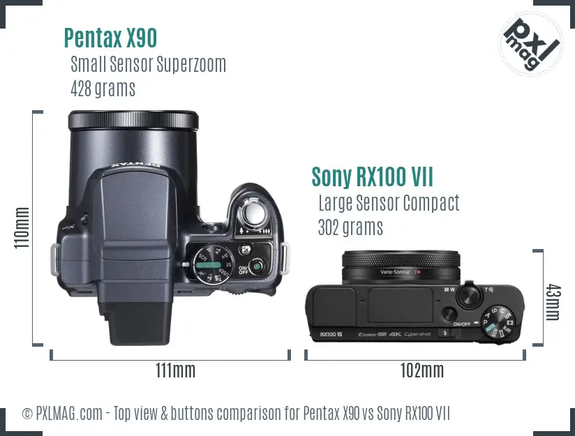 Pentax X90 vs Sony RX100 VII top view buttons comparison
