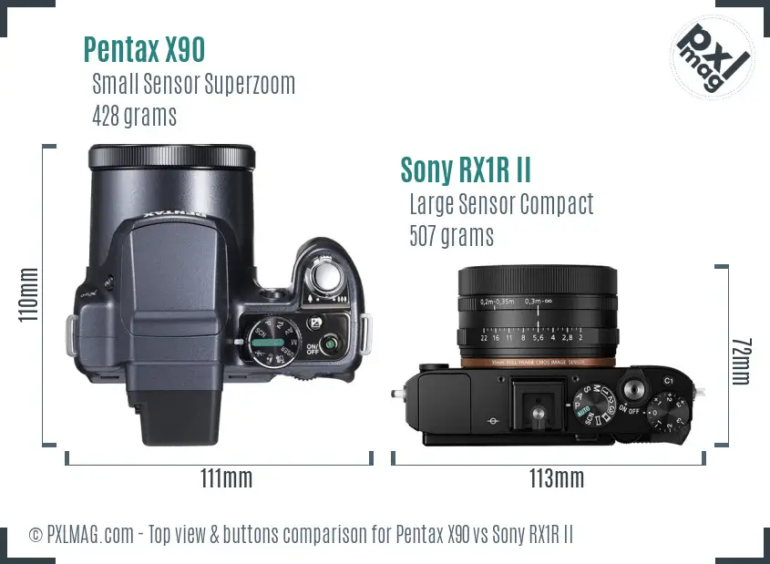 Pentax X90 vs Sony RX1R II top view buttons comparison