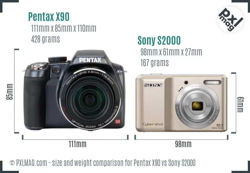 Pentax X90 vs Sony S2000 size comparison