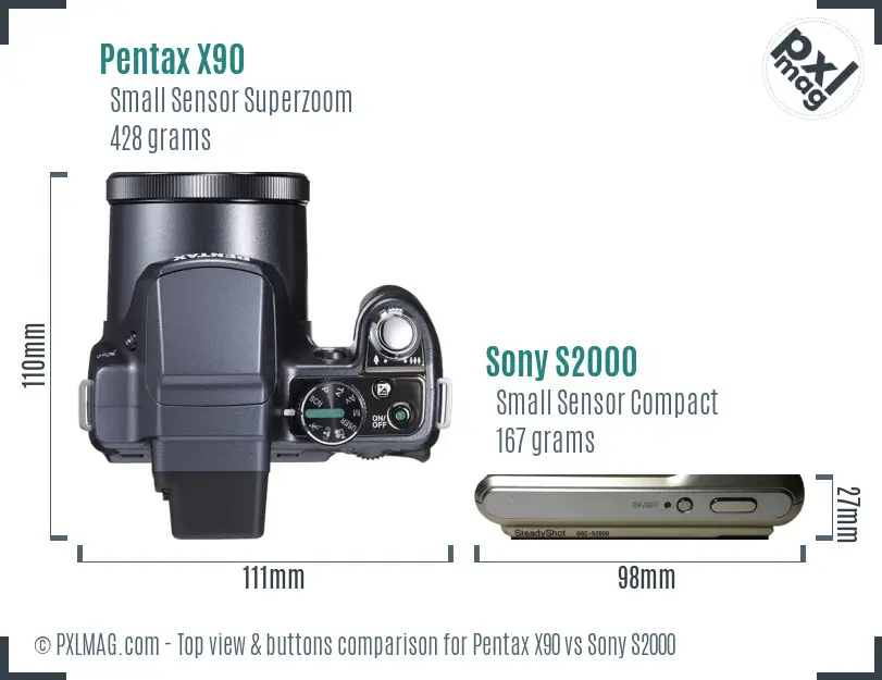 Pentax X90 vs Sony S2000 top view buttons comparison