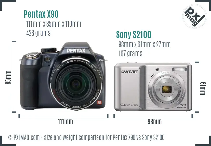 Pentax X90 vs Sony S2100 size comparison