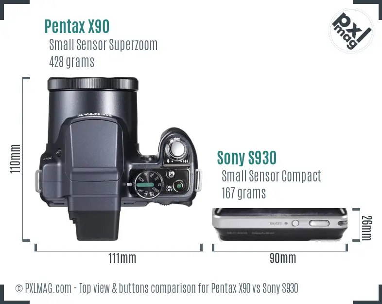 Pentax X90 vs Sony S930 top view buttons comparison