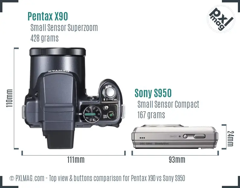 Pentax X90 vs Sony S950 top view buttons comparison
