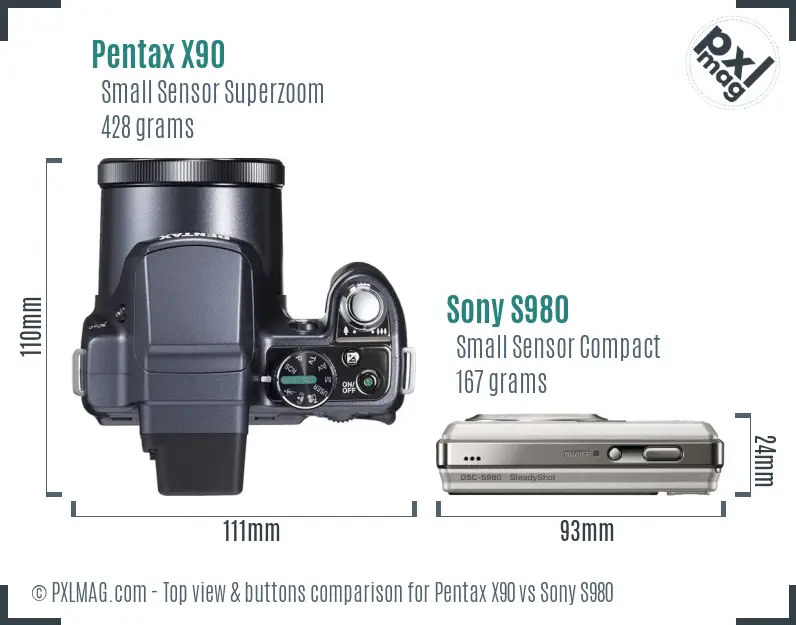 Pentax X90 vs Sony S980 top view buttons comparison