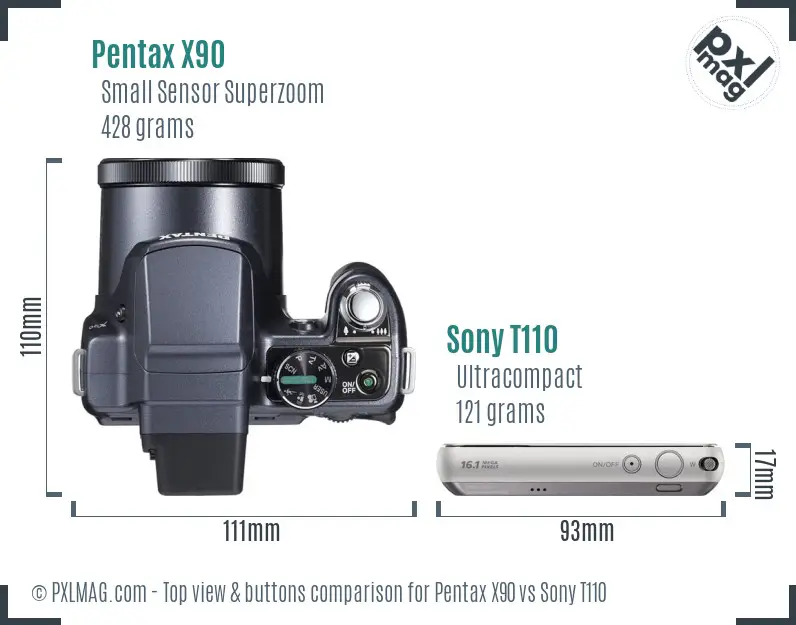 Pentax X90 vs Sony T110 top view buttons comparison