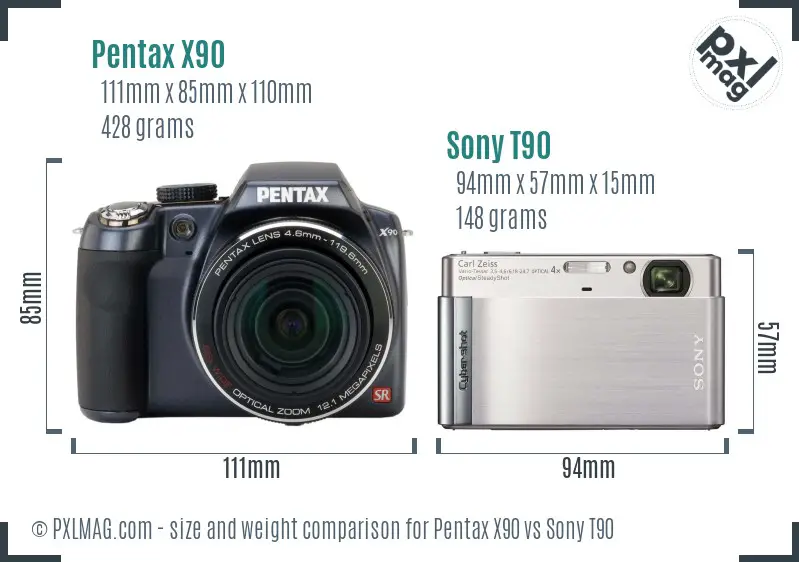 Pentax X90 vs Sony T90 size comparison