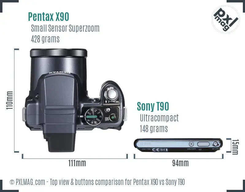 Pentax X90 vs Sony T90 top view buttons comparison