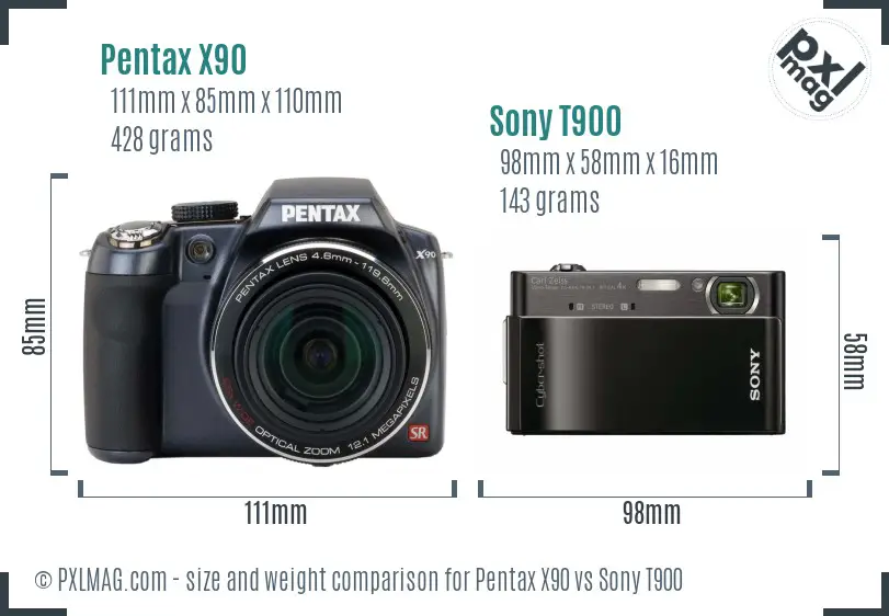 Pentax X90 vs Sony T900 size comparison