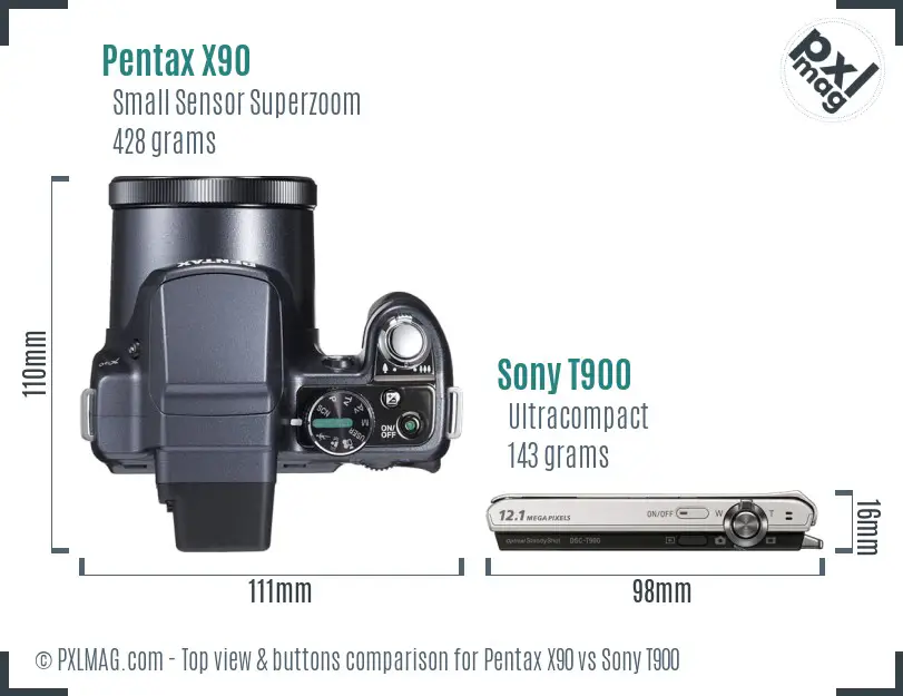 Pentax X90 vs Sony T900 top view buttons comparison