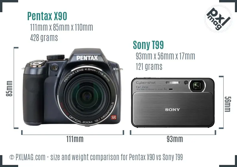 Pentax X90 vs Sony T99 size comparison