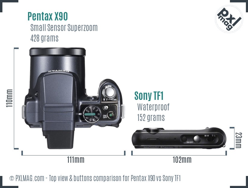 Pentax X90 vs Sony TF1 top view buttons comparison