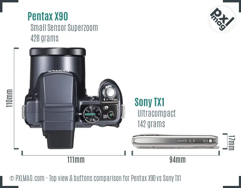 Pentax X90 vs Sony TX1 top view buttons comparison