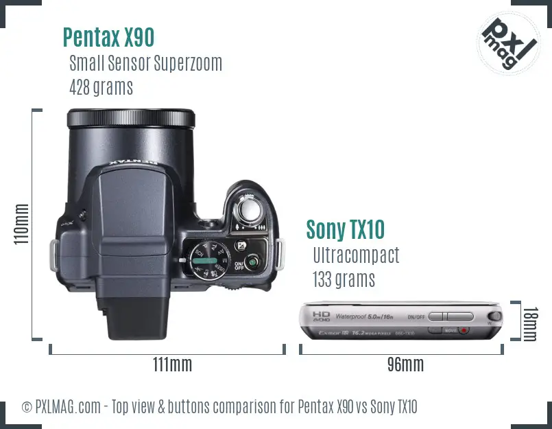 Pentax X90 vs Sony TX10 top view buttons comparison