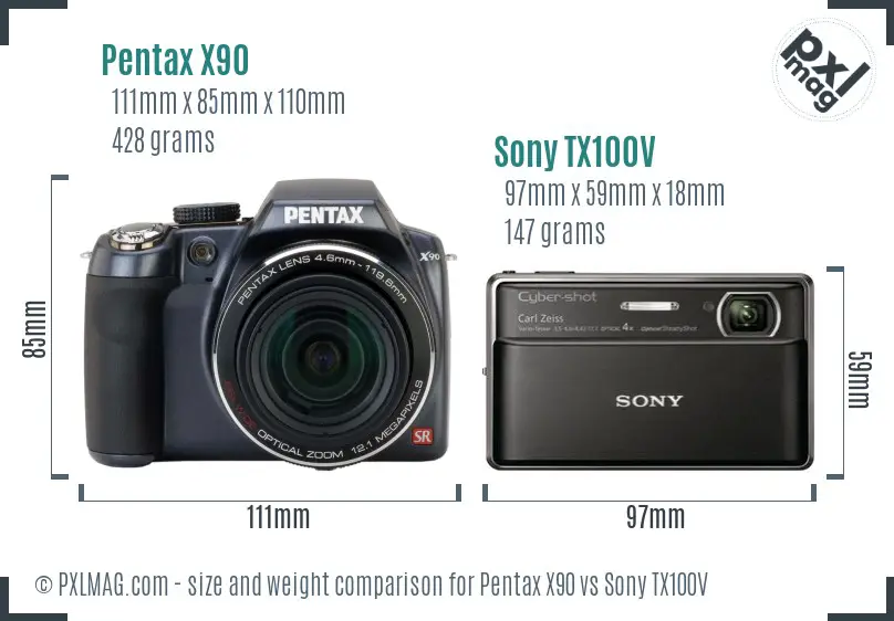 Pentax X90 vs Sony TX100V size comparison