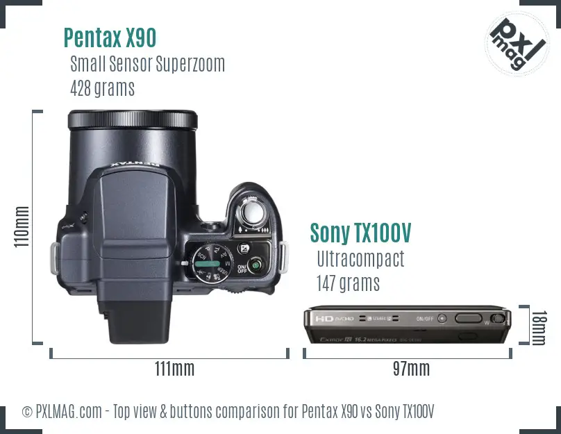 Pentax X90 vs Sony TX100V top view buttons comparison