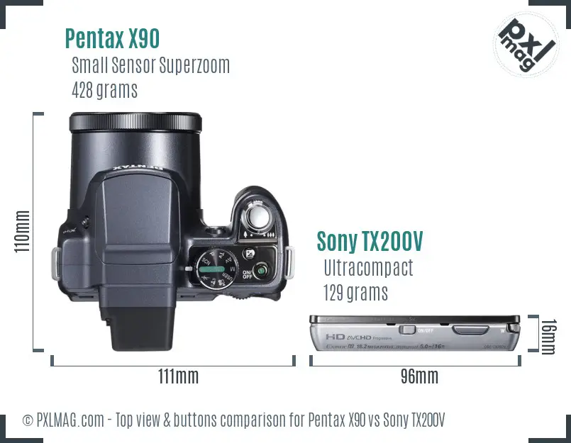 Pentax X90 vs Sony TX200V top view buttons comparison
