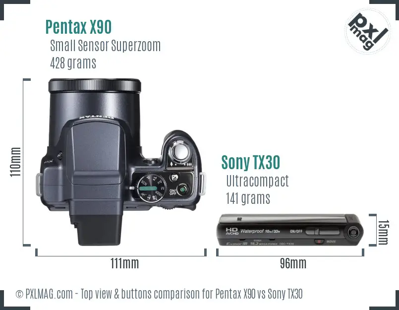 Pentax X90 vs Sony TX30 top view buttons comparison