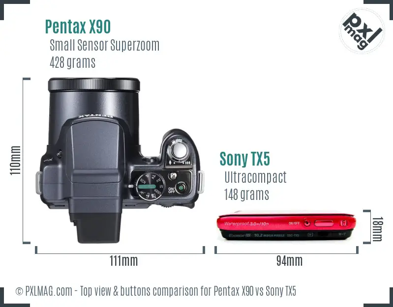 Pentax X90 vs Sony TX5 top view buttons comparison