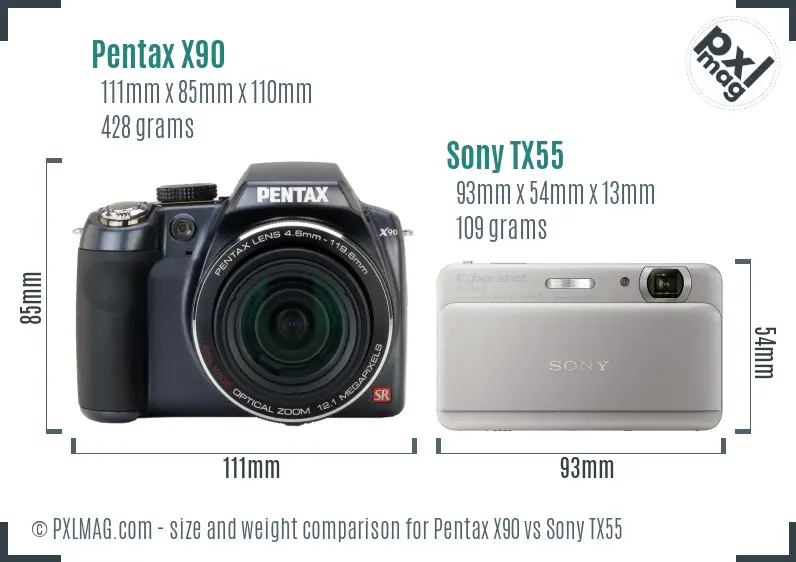 Pentax X90 vs Sony TX55 size comparison