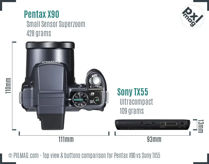 Pentax X90 vs Sony TX55 top view buttons comparison