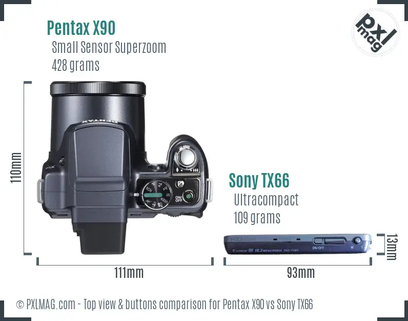 Pentax X90 vs Sony TX66 top view buttons comparison