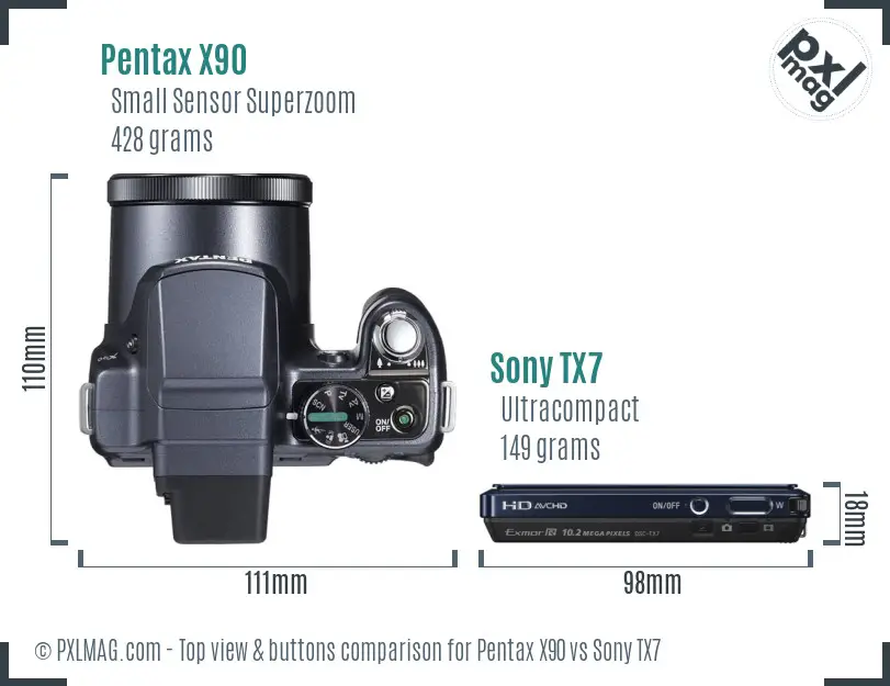 Pentax X90 vs Sony TX7 top view buttons comparison