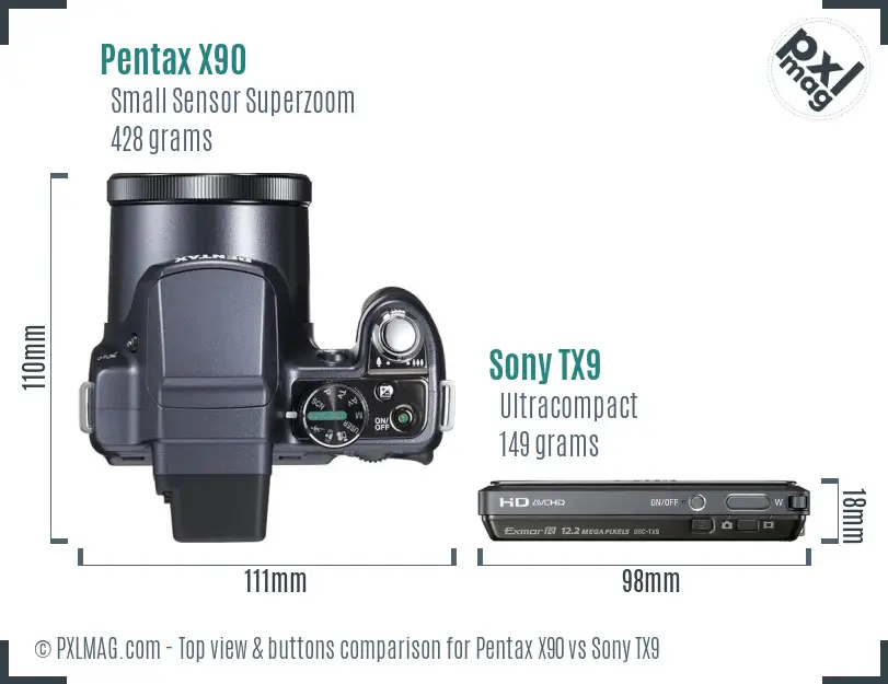 Pentax X90 vs Sony TX9 top view buttons comparison