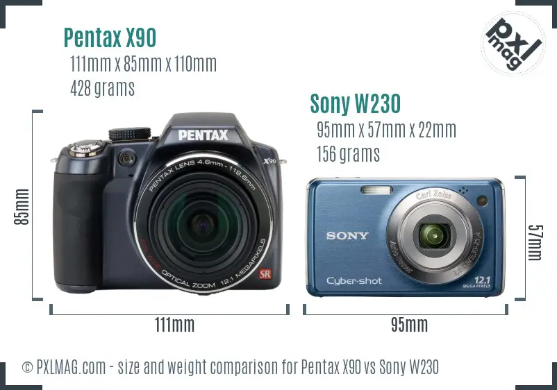Pentax X90 vs Sony W230 size comparison