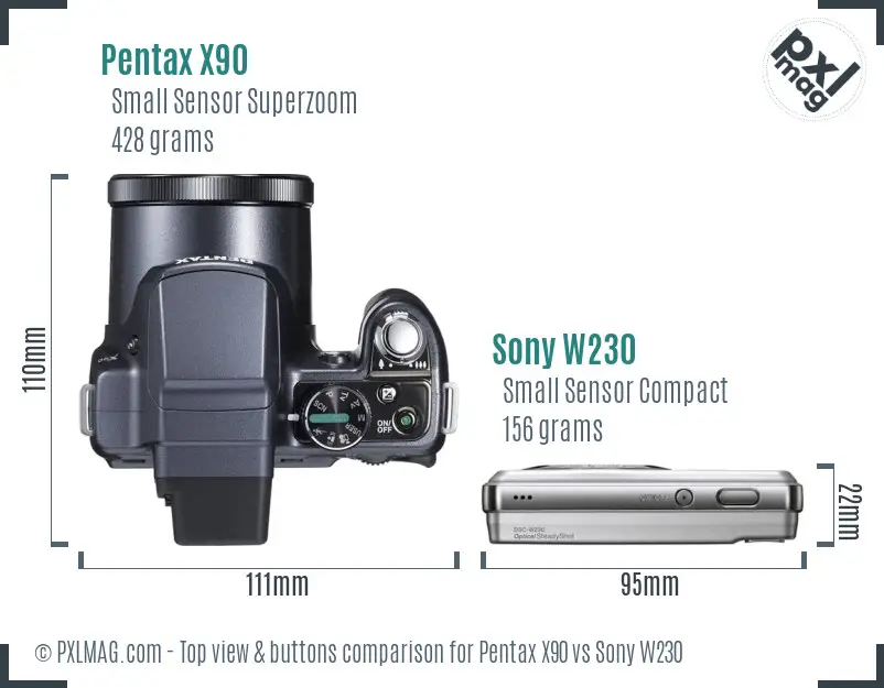 Pentax X90 vs Sony W230 top view buttons comparison