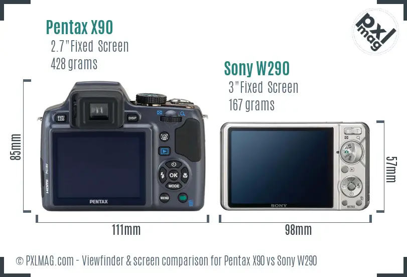 Pentax X90 vs Sony W290 Screen and Viewfinder comparison