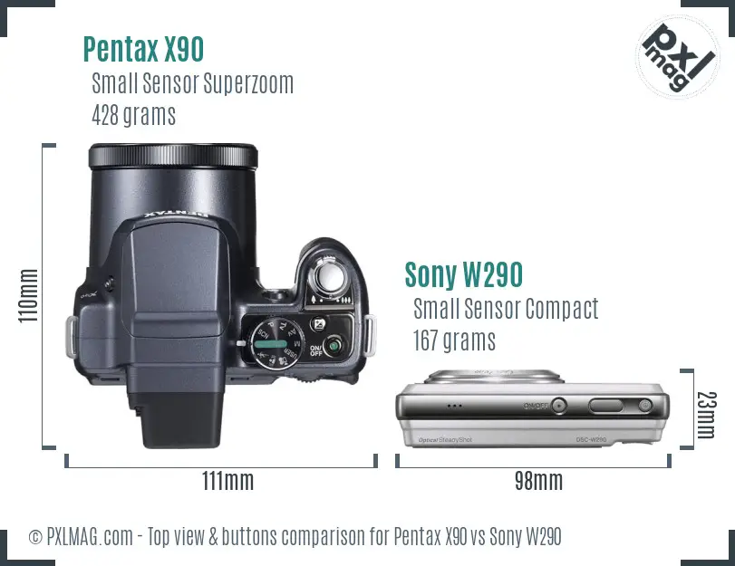 Pentax X90 vs Sony W290 top view buttons comparison