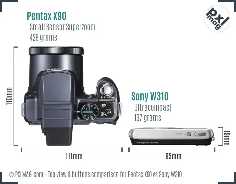 Pentax X90 vs Sony W310 top view buttons comparison