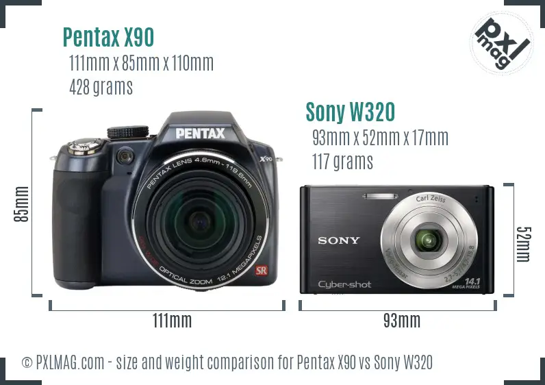 Pentax X90 vs Sony W320 size comparison