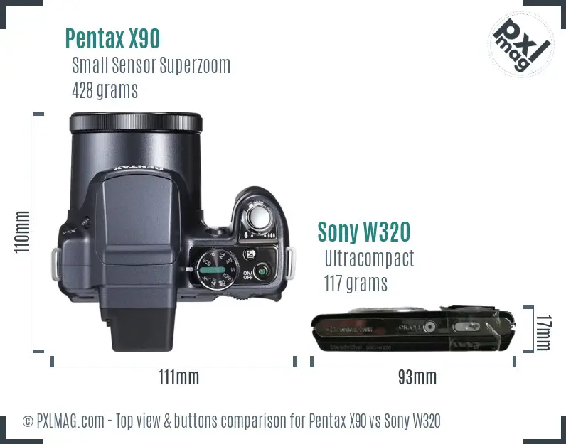 Pentax X90 vs Sony W320 top view buttons comparison