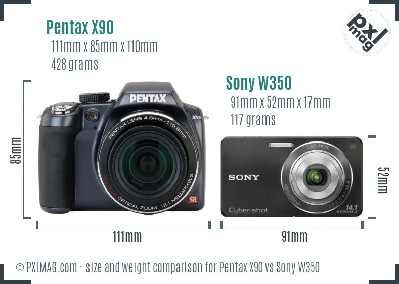 Pentax X90 vs Sony W350 size comparison